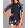 imageHolipick Women 2 Piece Rash Guard SwimsuitShort Sleeve Swim Shirt with Shorts Full Zipper SPF Modest SwimwearBlack Floral