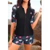 imageHolipick Women 2 Piece Rash Guard SwimsuitShort Sleeve Swim Shirt with Shorts Full Zipper SPF Modest SwimwearBlack Floral