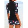imageHolipick Women 2 Piece Rash Guard SwimsuitShort Sleeve Swim Shirt with Shorts Full Zipper SPF Modest SwimwearBlack Floral
