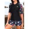 imageHolipick Women 2 Piece Rash Guard SwimsuitShort Sleeve Swim Shirt with Shorts Full Zipper SPF Modest SwimwearBlack Floral