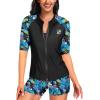 imageHolipick Women 2 Piece Rash Guard SwimsuitShort Sleeve Swim Shirt with Shorts Full Zipper SPF Modest SwimwearBlue Floral