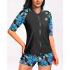 imageHolipick Women 2 Piece Rash Guard SwimsuitShort Sleeve Swim Shirt with Shorts Full Zipper SPF Modest SwimwearBlue Floral