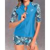 imageHolipick Women 2 Piece Rash Guard SwimsuitShort Sleeve Swim Shirt with Shorts Full Zipper SPF Modest SwimwearBlue Leaves