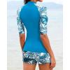 imageHolipick Women 2 Piece Rash Guard SwimsuitShort Sleeve Swim Shirt with Shorts Full Zipper SPF Modest SwimwearBlue Leaves