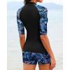 imageHolipick Women 2 Piece Rash Guard SwimsuitShort Sleeve Swim Shirt with Shorts Full Zipper SPF Modest SwimwearBlue Tropical