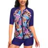 imageHolipick Women 2 Piece Rash Guard SwimsuitShort Sleeve Swim Shirt with Shorts Full Zipper SPF Modest SwimwearColorful Leaves