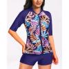 imageHolipick Women 2 Piece Rash Guard SwimsuitShort Sleeve Swim Shirt with Shorts Full Zipper SPF Modest SwimwearColorful Leaves