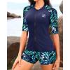 imageHolipick Women 2 Piece Rash Guard SwimsuitShort Sleeve Swim Shirt with Shorts Full Zipper SPF Modest SwimwearGreen Leaves