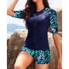imageHolipick Women 2 Piece Rash Guard SwimsuitShort Sleeve Swim Shirt with Shorts Full Zipper SPF Modest SwimwearGreen Leaves