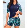 imageHolipick Women 2 Piece Rash Guard SwimsuitShort Sleeve Swim Shirt with Shorts Full Zipper SPF Modest SwimwearGreen Leaves