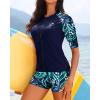 imageHolipick Women 2 Piece Rash Guard SwimsuitShort Sleeve Swim Shirt with Shorts Full Zipper SPF Modest SwimwearGreen Leaves