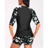 imageHolipick Women 2 Piece Rash Guard SwimsuitShort Sleeve Swim Shirt with Shorts Full Zipper SPF Modest SwimwearWhite Flower