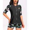 imageHolipick Women 2 Piece Rash Guard SwimsuitShort Sleeve Swim Shirt with Shorts Full Zipper SPF Modest SwimwearWhite Flower