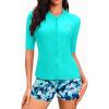 imageHolipick Women 2 Piece Rash Guard SwimsuitShort Sleeve Swim Shirt with Shorts Full Zipper SPF Modest SwimwearAqua Floral