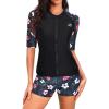 imageHolipick Women 2 Piece Rash Guard SwimsuitShort Sleeve Swim Shirt with Shorts Full Zipper SPF Modest SwimwearBlack Floral