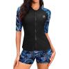 imageHolipick Women 2 Piece Rash Guard SwimsuitShort Sleeve Swim Shirt with Shorts Full Zipper SPF Modest SwimwearBlue Tropical