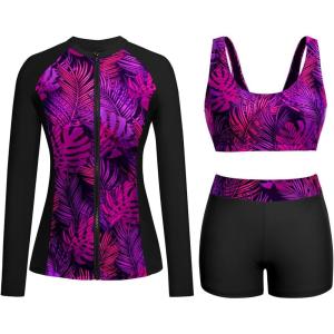 imageHolipick Long Sleeve Swimsuits for Women  3 Piece Rash Guard with Shorts Zipper SPF Swim Shirt with Built in BraBlack Purple Leaf