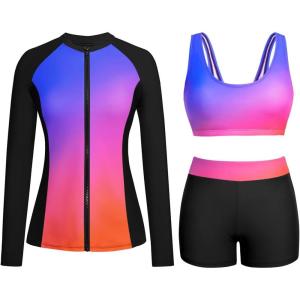 imageHolipick Long Sleeve Swimsuits for Women  3 Piece Rash Guard with Shorts Zipper SPF Swim Shirt with Built in BraColorful Gradient