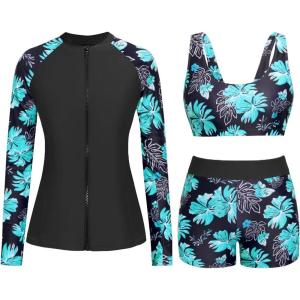 imageHolipick Long Sleeve Swimsuits for Women  3 Piece Rash Guard with Shorts Zipper SPF Swim Shirt with Built in BraGreen Floral