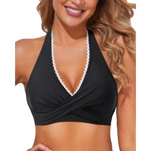 imageHolipick Women Halter Bikini Tops Push Up Bathing Suit Top V Neck Full Coverage Swimsuit Top OnlyBlack White