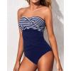 imageHolipick Women Strapless One Piece Swimsuits Tummy Control Bandeau Bathing Suits Retro Slimming SwimwearNavy Blue Stripe