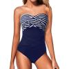 imageHolipick Women Strapless One Piece Swimsuits Tummy Control Bandeau Bathing Suits Retro Slimming SwimwearNavy Blue Stripe