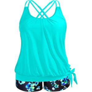 imageHolipick Women Plus Size Two Piece Tankini Swimsuit Tummy Control Bathing Suits Blouson Tankini Top with Boy ShortsAqua and Blue Flower