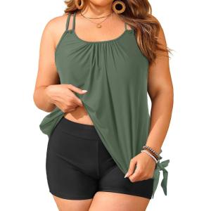 imageHolipick Women Plus Size Two Piece Tankini Swimsuit Tummy Control Bathing Suits Blouson Tankini Top with Boy ShortsArmy Green