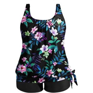 imageHolipick Women Plus Size Two Piece Tankini Swimsuit Tummy Control Bathing Suits Blouson Tankini Top with Boy ShortsFloral Wide Straps