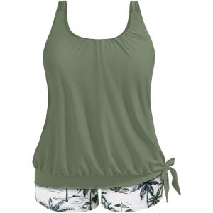 imageHolipick Women Plus Size Two Piece Tankini Swimsuit Tummy Control Bathing Suits Blouson Tankini Top with Boy ShortsGreen Palm Tree Wide Straps