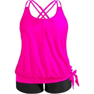 imageHolipick Women Plus Size Two Piece Tankini Swimsuit Tummy Control Bathing Suits Blouson Tankini Top with Boy ShortsHot Pink and Black