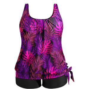 imageHolipick Women Plus Size Two Piece Tankini Swimsuit Tummy Control Bathing Suits Blouson Tankini Top with Boy ShortsPurple Leaf