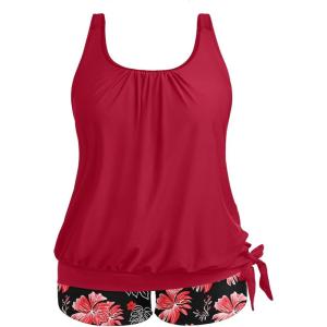 imageHolipick Women Plus Size Two Piece Tankini Swimsuit Tummy Control Bathing Suits Blouson Tankini Top with Boy ShortsRed Floral Wide Straps