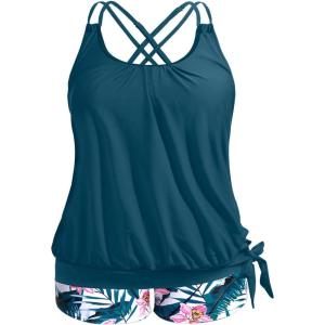imageHolipick Women Plus Size Two Piece Tankini Swimsuit Tummy Control Bathing Suits Blouson Tankini Top with Boy ShortsTeal Flower