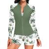 imageHolipick Long Sleeve Swimsuits for Women  3 Piece Rash Guard with Shorts Zipper SPF Swim Shirt with Built in BraGreen Palm Tree