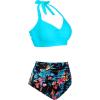 imageHolipick Women High Waisted Bikini Set Two Piece Swimsuit Tummy Control Bathing Suit Vintage Halter SwimwearBlue With Floral