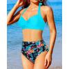 imageHolipick Women High Waisted Bikini Set Two Piece Swimsuit Tummy Control Bathing Suit Vintage Halter SwimwearBlue With Floral