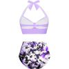 imageHolipick Women High Waisted Bikini Set Two Piece Swimsuit Tummy Control Bathing Suit Vintage Halter SwimwearPurple and Floral