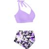 imageHolipick Women High Waisted Bikini Set Two Piece Swimsuit Tummy Control Bathing Suit Vintage Halter SwimwearPurple and Floral