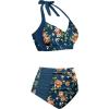 imageHolipick Women High Waisted Bikini Set Two Piece Swimsuit Tummy Control Bathing Suit Vintage Halter SwimwearTeal and Floral