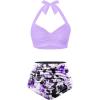 imageHolipick Women High Waisted Bikini Set Two Piece Swimsuit Tummy Control Bathing Suit Vintage Halter SwimwearPurple and Floral