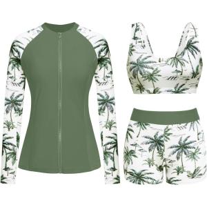 imageHolipick Long Sleeve Swimsuits for Women  3 Piece Rash Guard with Shorts Zipper SPF Swim Shirt with Built in BraGreen Palm Tree