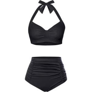 imageHolipick Women High Waisted Bikini Set Two Piece Swimsuit Tummy Control Bathing Suit Vintage Halter SwimwearBlack