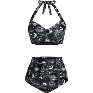 imageHolipick Women High Waisted Bikini Set Two Piece Swimsuit Tummy Control Bathing Suit Vintage Halter SwimwearBlack Sun Moon