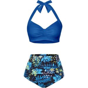 imageHolipick Women High Waisted Bikini Set Two Piece Swimsuit Tummy Control Bathing Suit Vintage Halter SwimwearBlue Floral