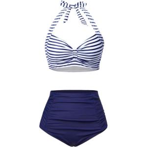 imageHolipick Women High Waisted Bikini Set Two Piece Swimsuit Tummy Control Bathing Suit Vintage Halter SwimwearBlue Stripe