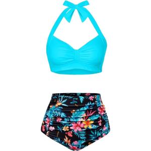imageHolipick Women High Waisted Bikini Set Two Piece Swimsuit Tummy Control Bathing Suit Vintage Halter SwimwearBlue With Floral