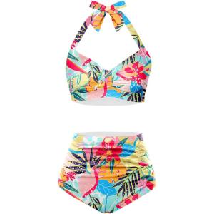 imageHolipick Women High Waisted Bikini Set Two Piece Swimsuit Tummy Control Bathing Suit Vintage Halter SwimwearColorful Floral