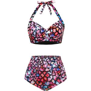 imageHolipick Women High Waisted Bikini Set Two Piece Swimsuit Tummy Control Bathing Suit Vintage Halter SwimwearColorful Leopard