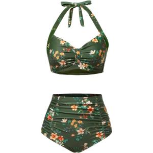 imageHolipick Women High Waisted Bikini Set Two Piece Swimsuit Tummy Control Bathing Suit Vintage Halter SwimwearGreen Flowers